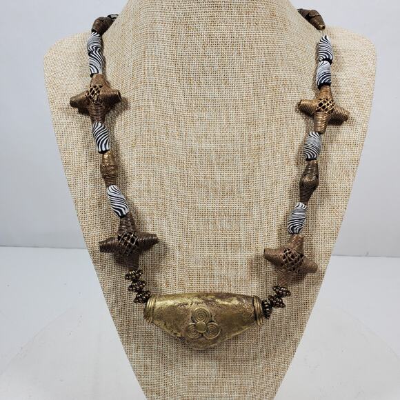 Vintage Abstract Curvilinear Motif Necklace 26 Inch Spiral Brass & Bead - Picture 1 of 7